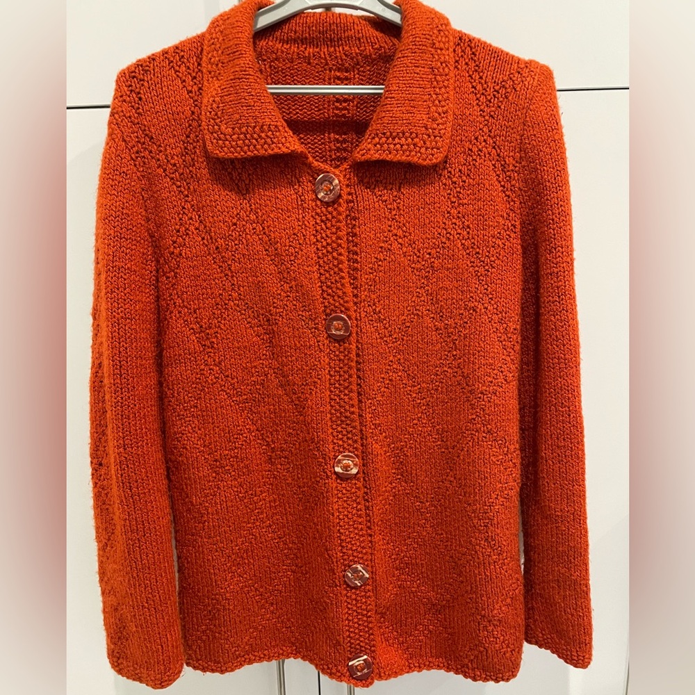 Vintage Hand Knit Orange Wool Sweater Cardigan M L - Picture 2 of 9